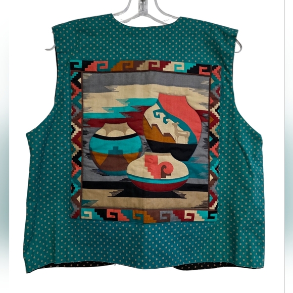 Southwestern Turquoise Vest With Cactus And Pottery Designs Size Medium/Large - Picture 2 of 5